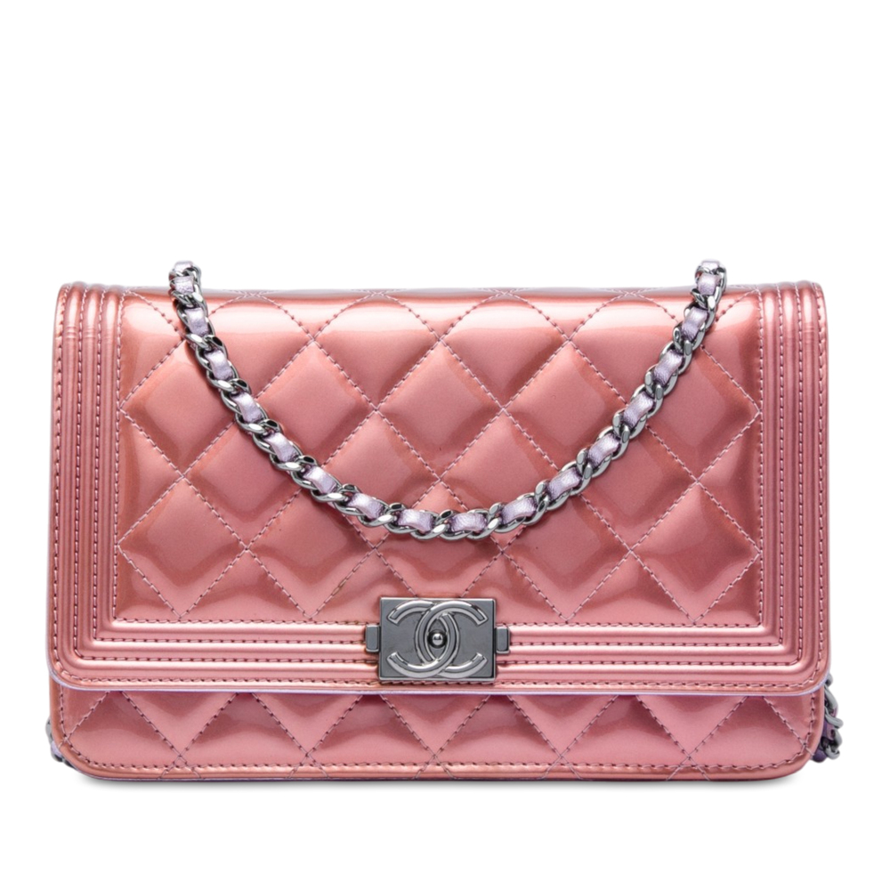 Pre-Loved Chanel Bicolor Quilted Metallic Patent Boy Wallet on Chain